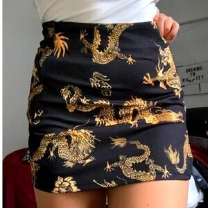 New XS Mini Skirt Black Dragon Asian Print Side Split A-line Retro Stretch